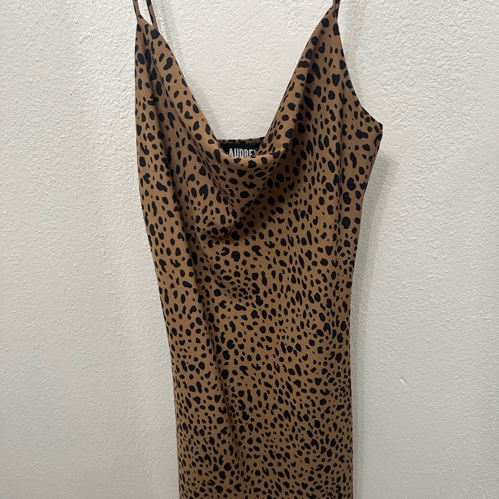 Leopard print spaghetti strap cowl neck dress